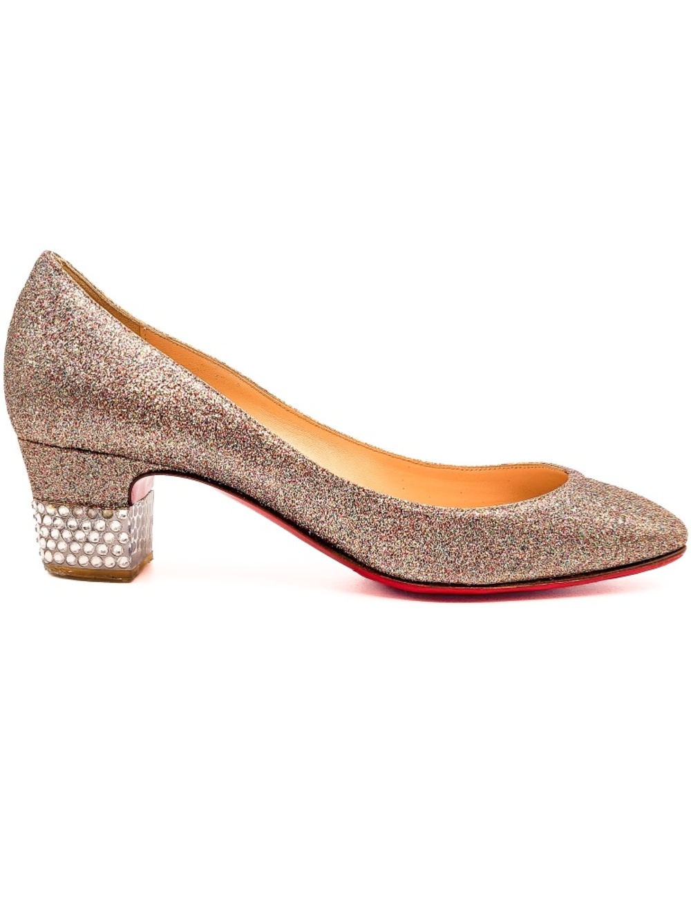 Christian Louboutin Gold Glitter Low Heel Crustal Studded Pumps Heels EU 36